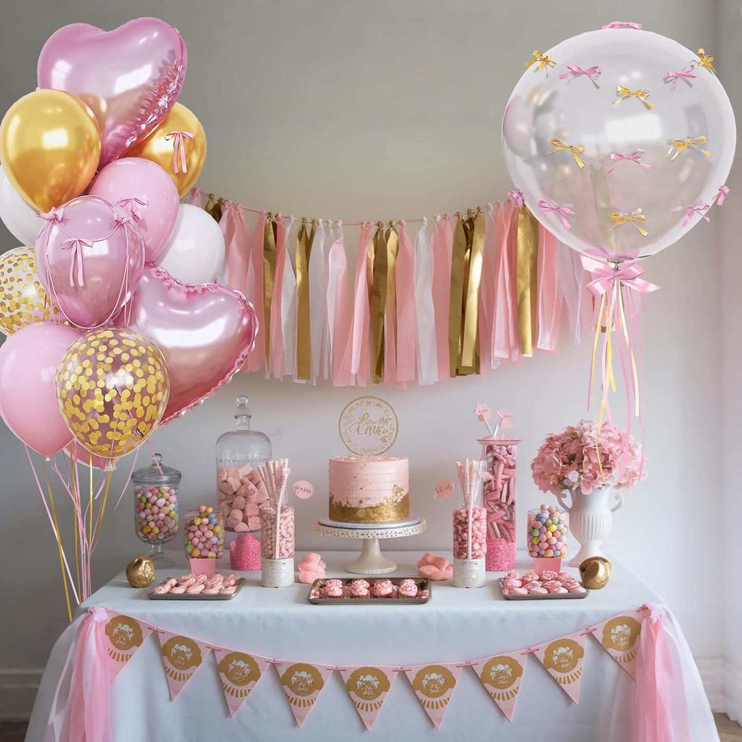 Light Pink and Gold Balloons Heart Shape Balloons, Pastel Baby Pink and White Party Decorations with Metallic Gold Confetti Balloon, 18 in Clear Heart Mylar Balloon for Princess Girls Birthday Decor