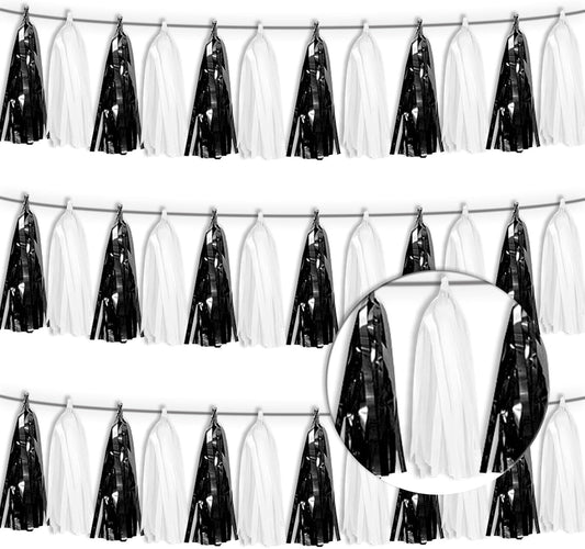 3P Black White Foil Fringe Tassel Banner Metallic Tinsel Streamer Garland Wall Curtain Backdrop for Parade Floats, Graduation, Halloween, Christmas, Father's Day Party Decorations