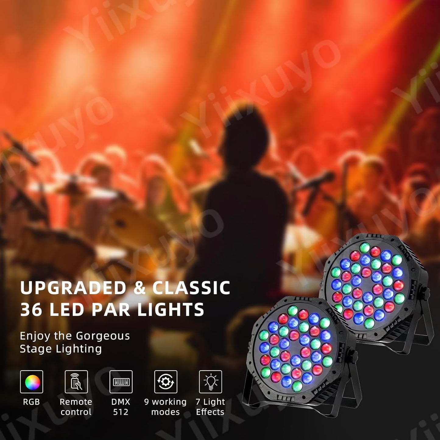 Yiixuyo-LED Par Lights DJ Stage Light Corded RGB 36 LED with Sound Activated Control DJ Uplighting for Wedding Party Club Christmas Stage Lighting - 4Pack