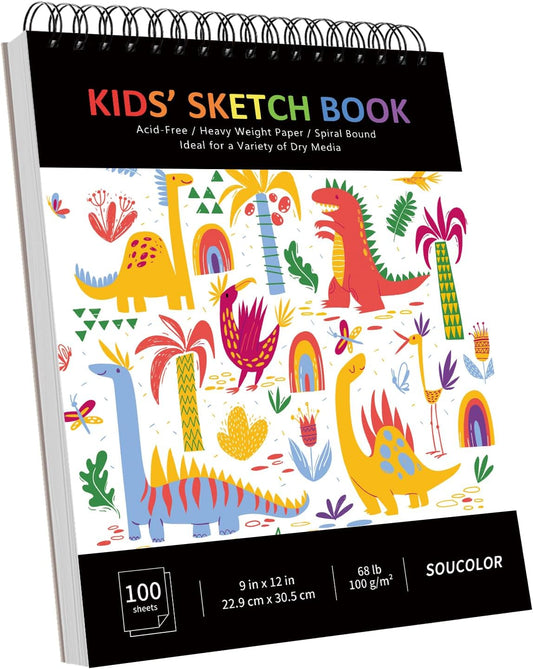 Soucolor 9" x 12" Kids Sketch Book, 100 Sheets Spiral Bound Art Sketchbook, Acid Free Artist Drawing Book Paper, Art Supplies for Adults, Craft Activities, Sketch Paper for Drawing Coloring Sketching