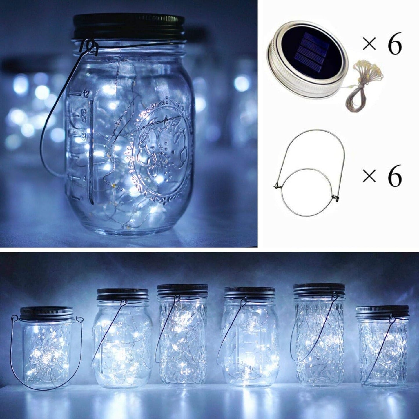 Solar Mason Jar Lights, 6 Pack 10 LED Jar Lid String Lights with 6 Hangers(No Jars), Waterproof Fairy Firefly Light for Garden, Patio, Outdoor, Yard, Lawn Decor(Cold White)