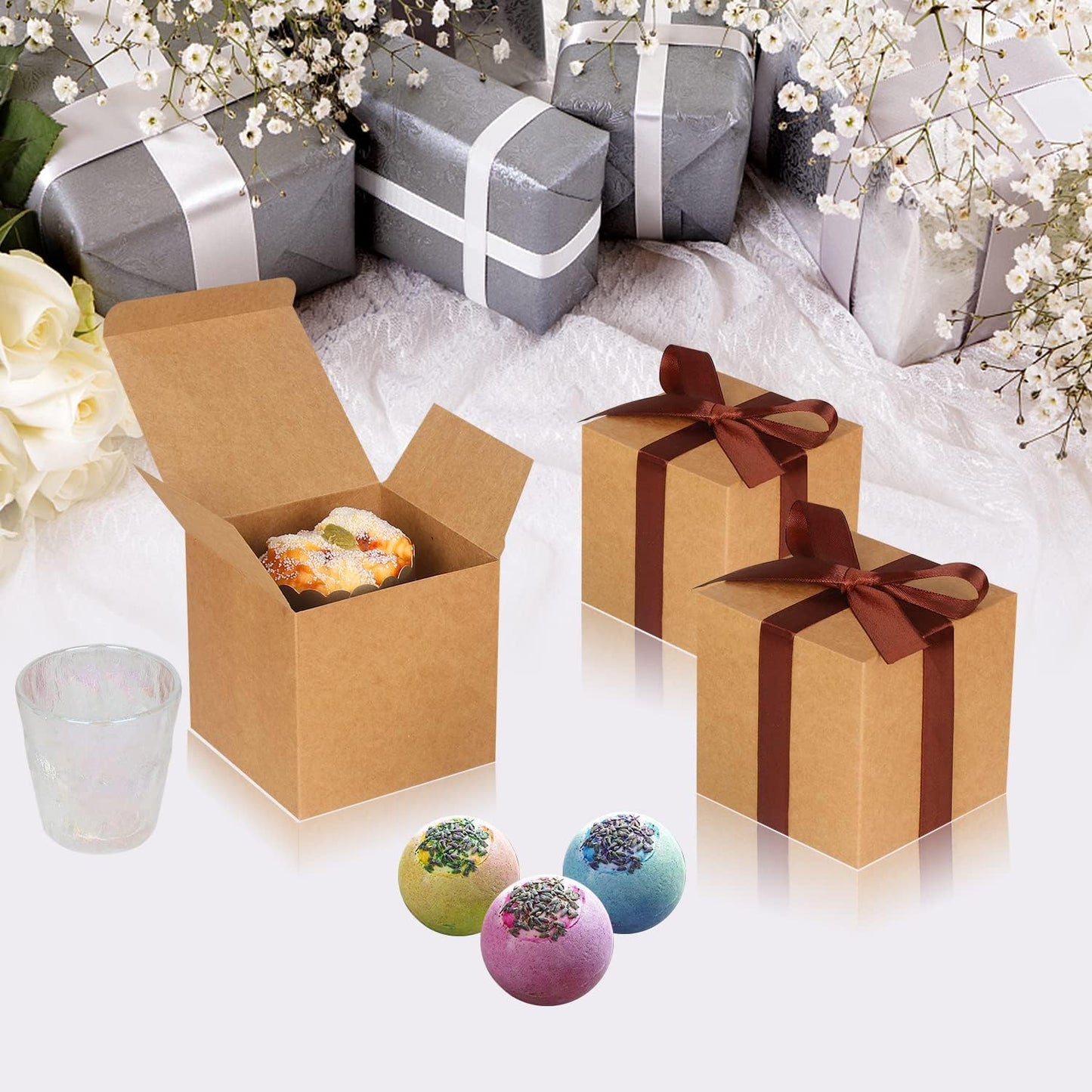 100 Pack Small Gift Boxes, 3x3x3 Inches Favor Boxes Brown Paper Gift Boxes with Lids for Presents, Crafting, Cupcake Boxes, Gifts, Candy Boxes for Wedding Party Bridal Shower Baby Shower Favors