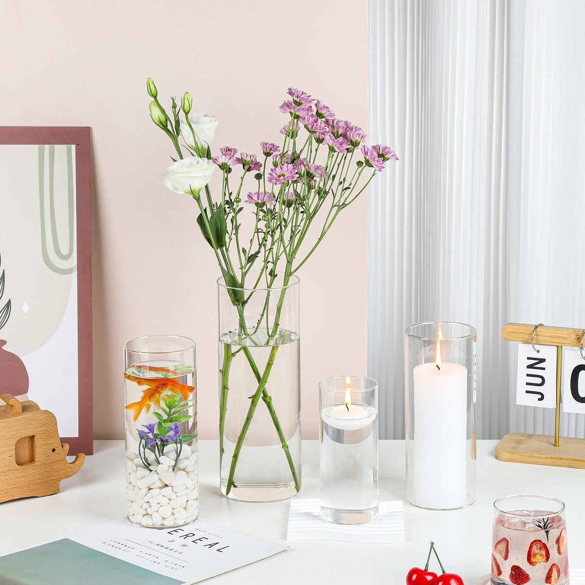 UDU Set of 16 Cylinder Glass Vases and 24 Pcs Floating Candles for Centerpiece, 4,6,8,10 Inch Tall Clear Hurricane Candle Holder Glass Vases for Centerpiece Table Wedding Home Decor