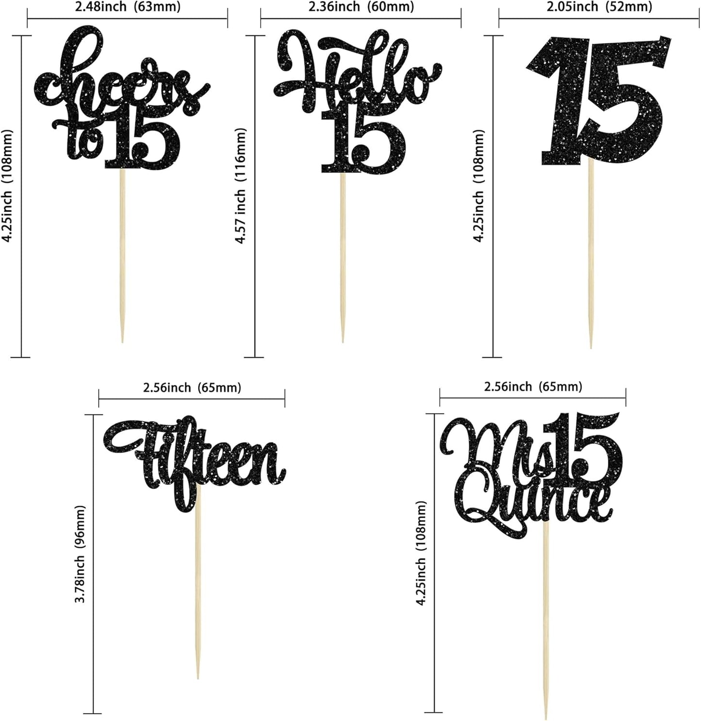 30Pcs 15th Birthday Cupcake Toppers Fifteen Cupcake Picks Cheers to 15 Years Old Mis Quince 15 Cake Decorations for 15th Birthday Anniversary Party Black Glitter