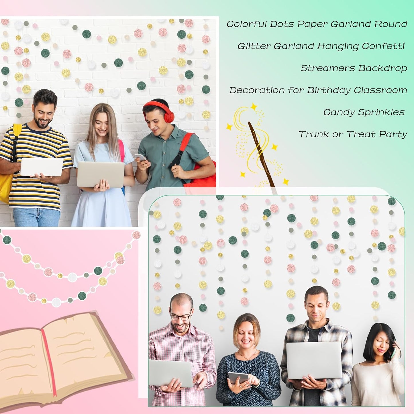 Outus 5 Pieces Colorful Dots Paper Garland Round Glitter Garland Hanging Confetti Streamers Backdrop for Candy Birthday Classroom Halloween Trunk or Treat Car Decoration (Sage Green,Pink,Gold)