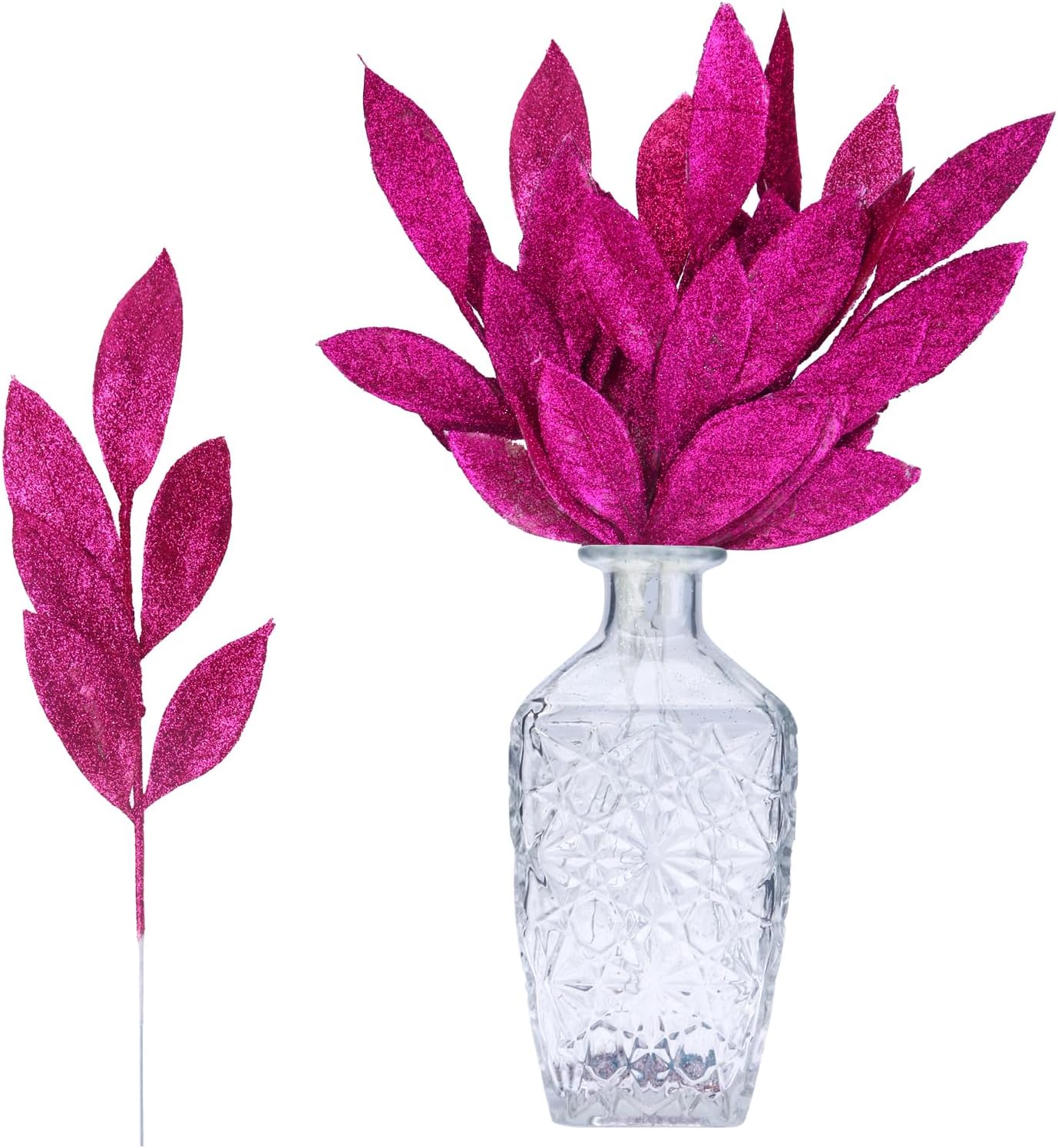 GREENTIME 12 Pack Artificial Rose Red Glitter Leaves 13" Fake Christmas Picks Decorative Glitter Sticks for Vase Christmas Tree DIY Wreath Crafts Fireplace Decor