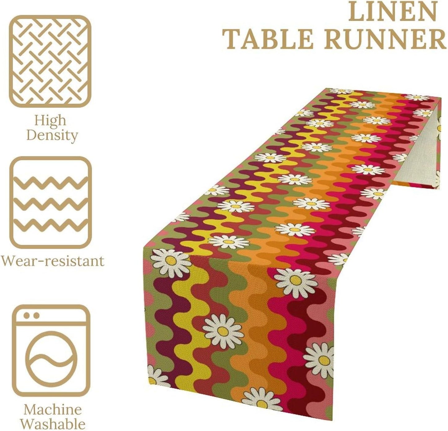 Vintage Floral Table Runner,60s 70s Colorful Retro Abstract Hippie Print Table Runner for Kitchen Dining Table Home Party Decoration 13x120 Inch