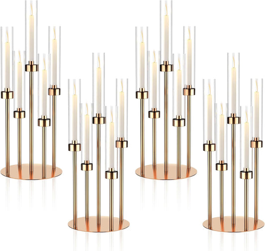 5 Arm Gold Candelabra Centerpieces for Table 4 Set Floor Candelabras Metal Candlestick for LED Candle 26'' Tall Candle Holders with Acrylic Lampshade for Wedding Party Fireplace