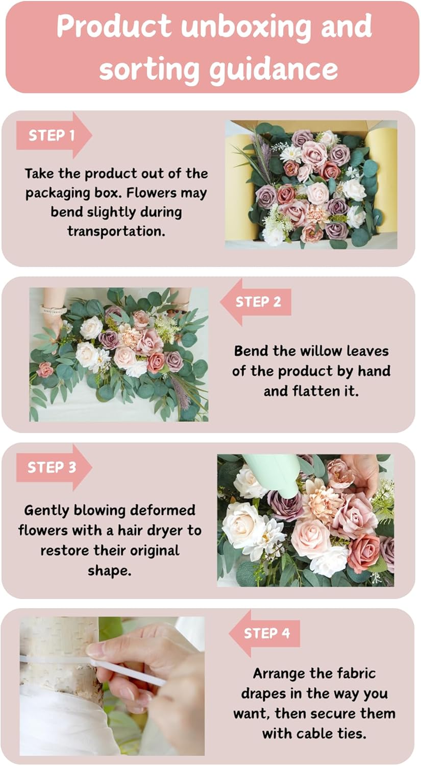 Artificial Wedding Arch Flowers Kit(Pack of 4),2Pcs Artificial Flower Arch Decor, 2Pcs Chiffon Fabric Drapes, Ceremony Decoration, Floral Outdoor Party Decor (Dusty Rose & Champagne)