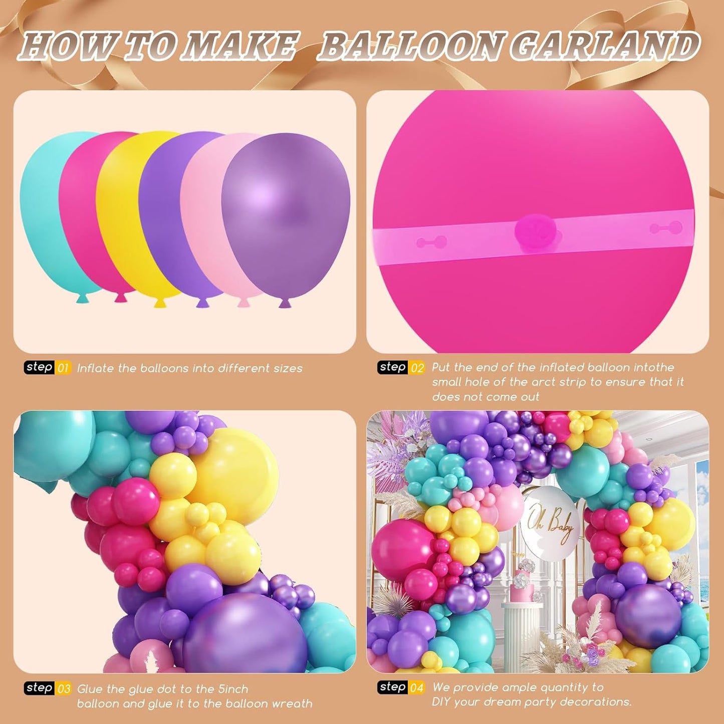 412pcs Purple Blue Pink Balloon Garland Arch Kit, 18 12 10 5 inch Different Sizes Hot Pink Metallic Purple Teal Yellow Balloons for Kid Magic Baby Shower Birthday Engagement Party Decoration