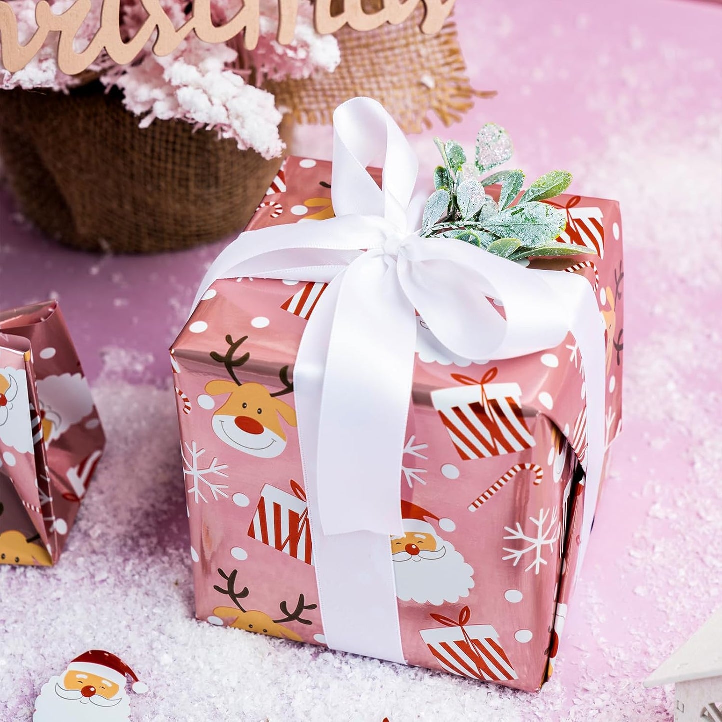 LeZakaa Christmas Pink Wrapping Paper Jumbo Roll, Santa Claus & Candy Cane, Metallic Foil, Rose Gold Foil Reversible Design for Festive Winter Holiday, Family Gathering, 30 inches x 100 Feet