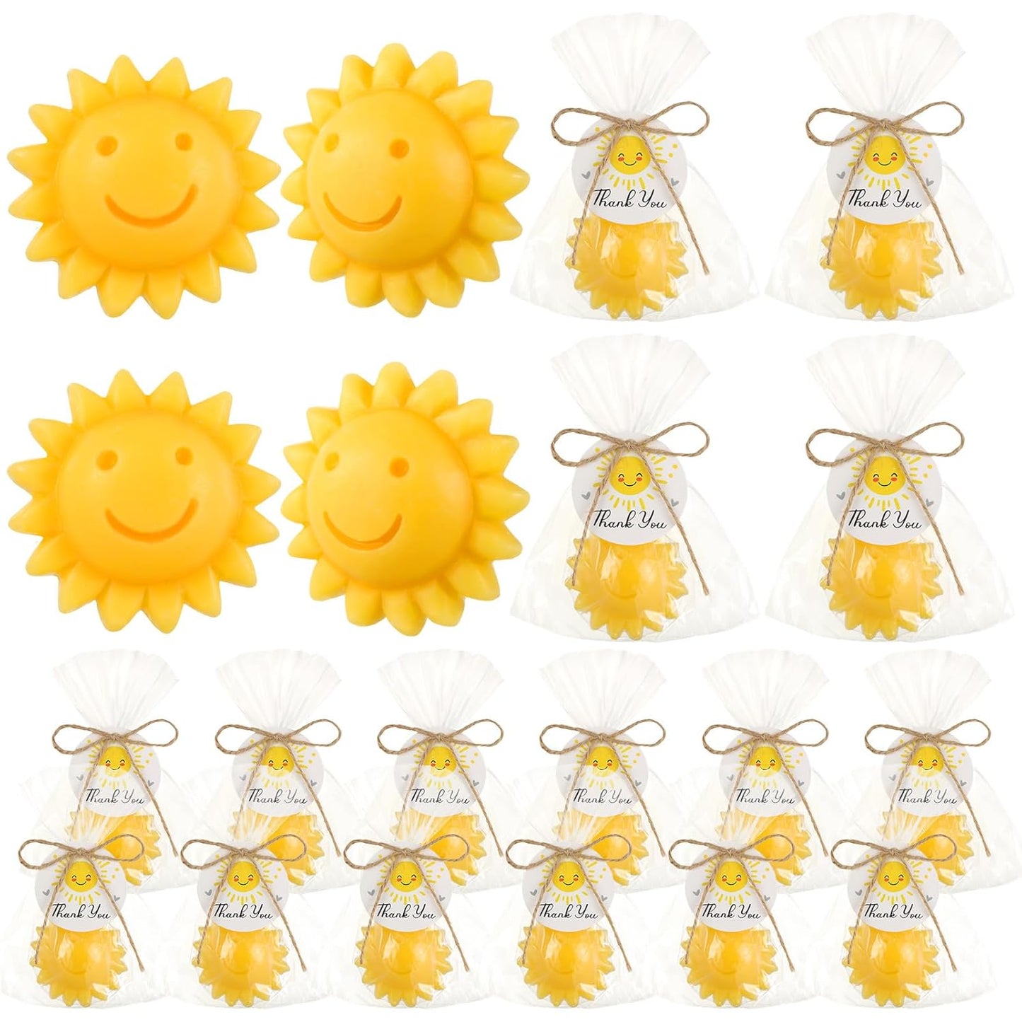 Demissle 20 Pcs Sun Soap Baby Shower Favors for Sunshine Party Here Comes the Son Baby Favors Mini Handmade Soap Gifts with Thank You Card for Guest Gender Reveal Party Decor(Yellow)