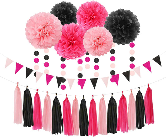 Hot-Pink Black Party-Decorations Paper Flower Streamers - 23pcs Baby Girl Women Birthday Tissue Pom Poms,Bachelorette Shower Tassel Garland Banner,Graduation Hanging Supplies Decor Ouruola