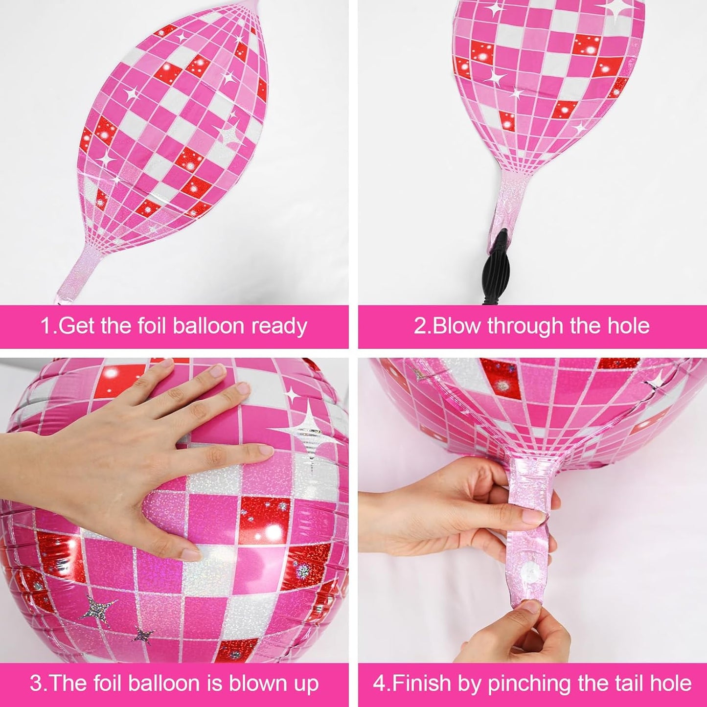 Disco Ball Balloons Pink Silver 4PC,Foil Disco Balloons 22 Inch 4D Round Pink Silver Balloon for 70s 80s Birthday Bachelorette Graduation Decorations