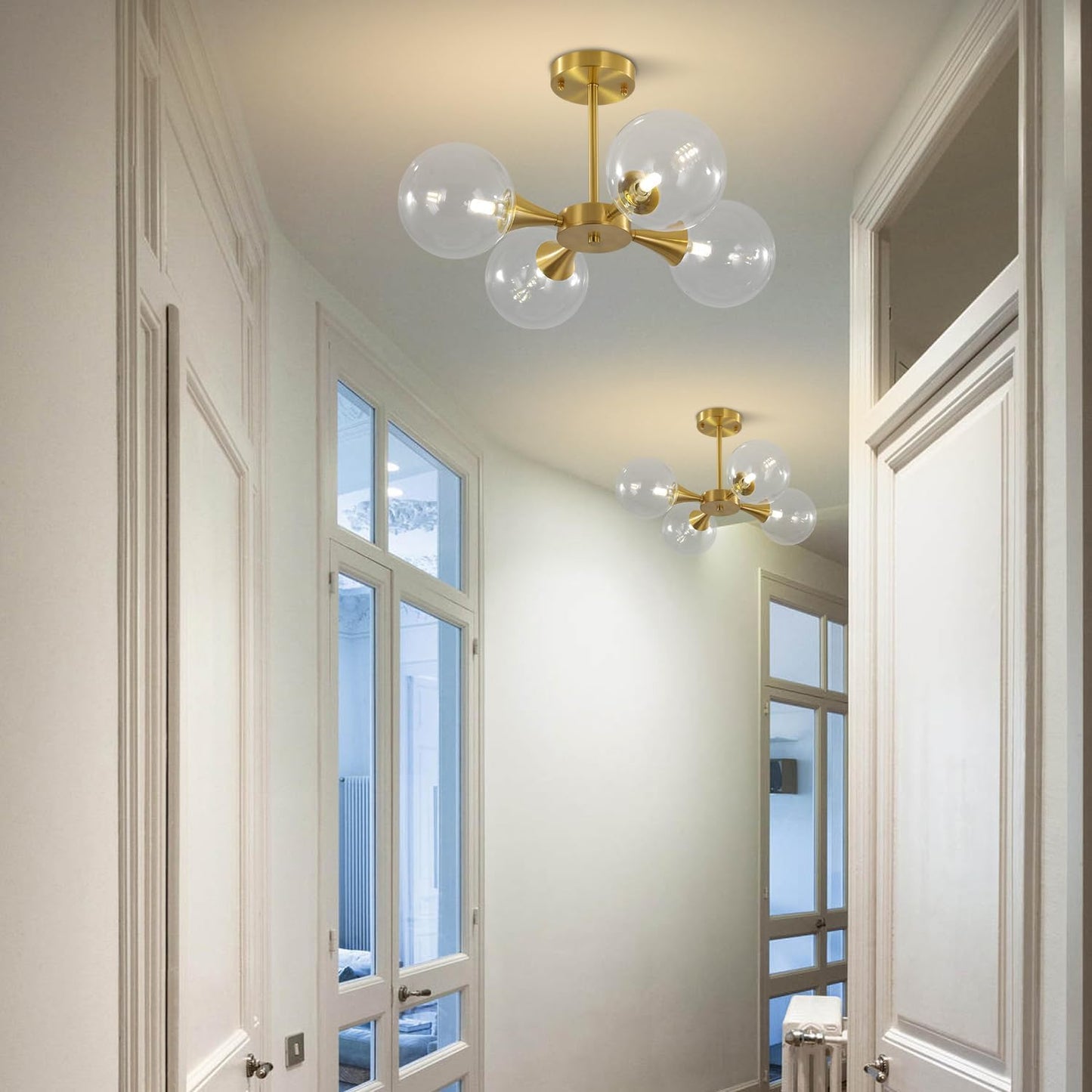 KCO Lighting 4-Lights Modern Globe Semi Flush Mount Ceiling Light Mid Century Brushed Brass Schoolhouse Close to Ceiling Light Gold Clear Glass Bubble Sputnik Chandelier Light Fixture