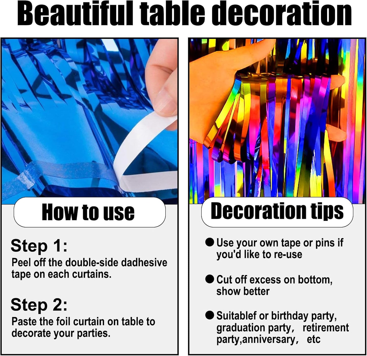 3 Pack 29 x108 Inch Rainbow Foil Fringe Table Skirts Metallic Banner for Tinsel Streamer Garland Backdrop for Parade Floats Wedding Thanksgiving Birthday Christmas Halloween New Year Party Decoration