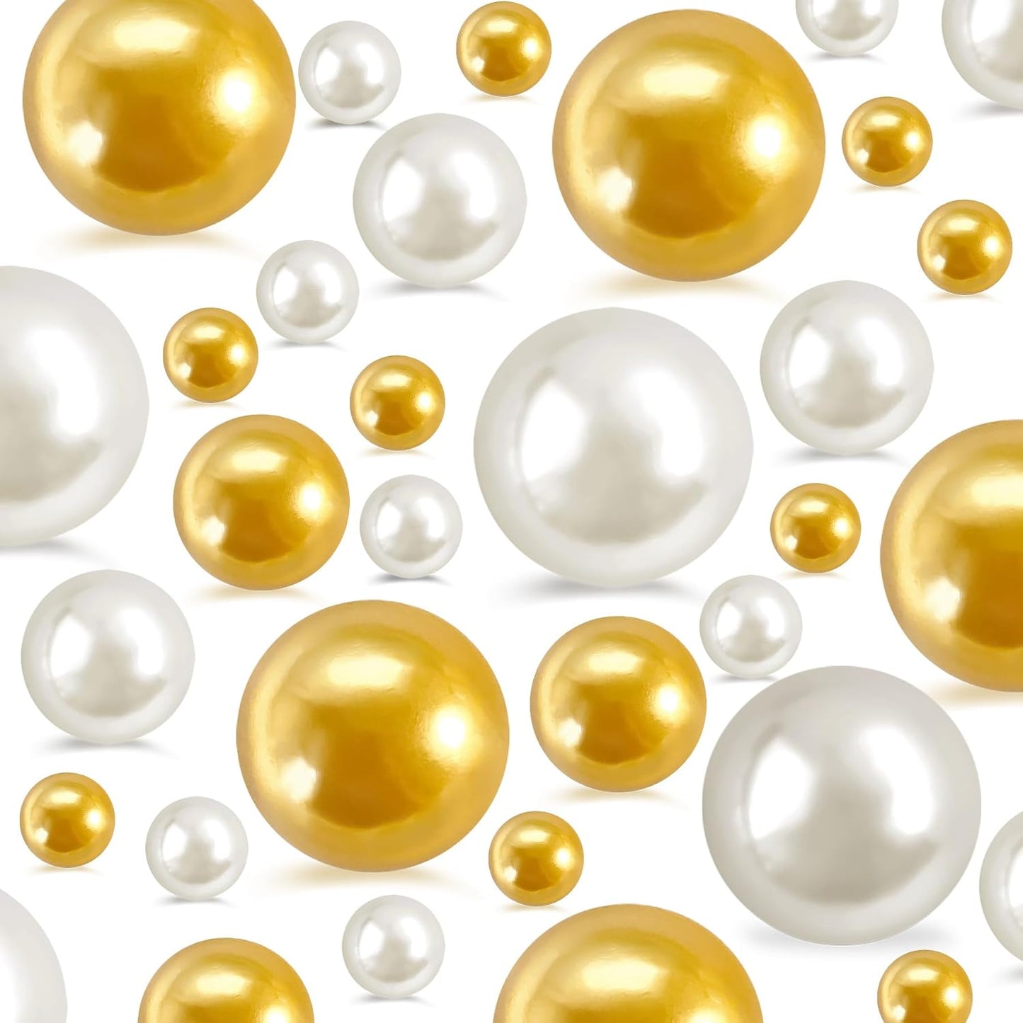 260Pcs Gold andCream Glossy Beads for Centerpiece Decor, Artifical Pearls Vase Filler, Makeup Brush Beads, No Hole Round Pearl Beads for Wedding Birthday Christmas Party Home Decor(18mm 14mm 6mm)