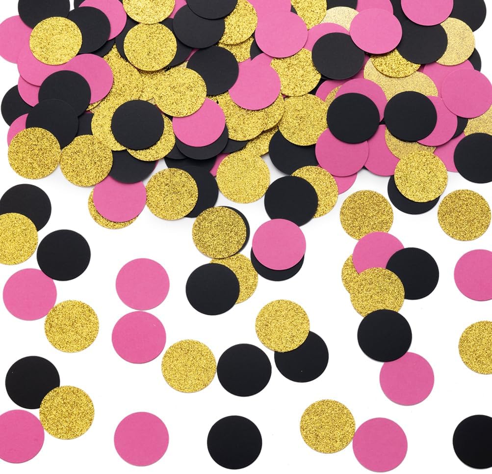 Gold Black and Hot Pink Confetti Table Decoration for Graduation Birthday Bachelorette Theme Party,1.2 inch in Diameter,200 Counts