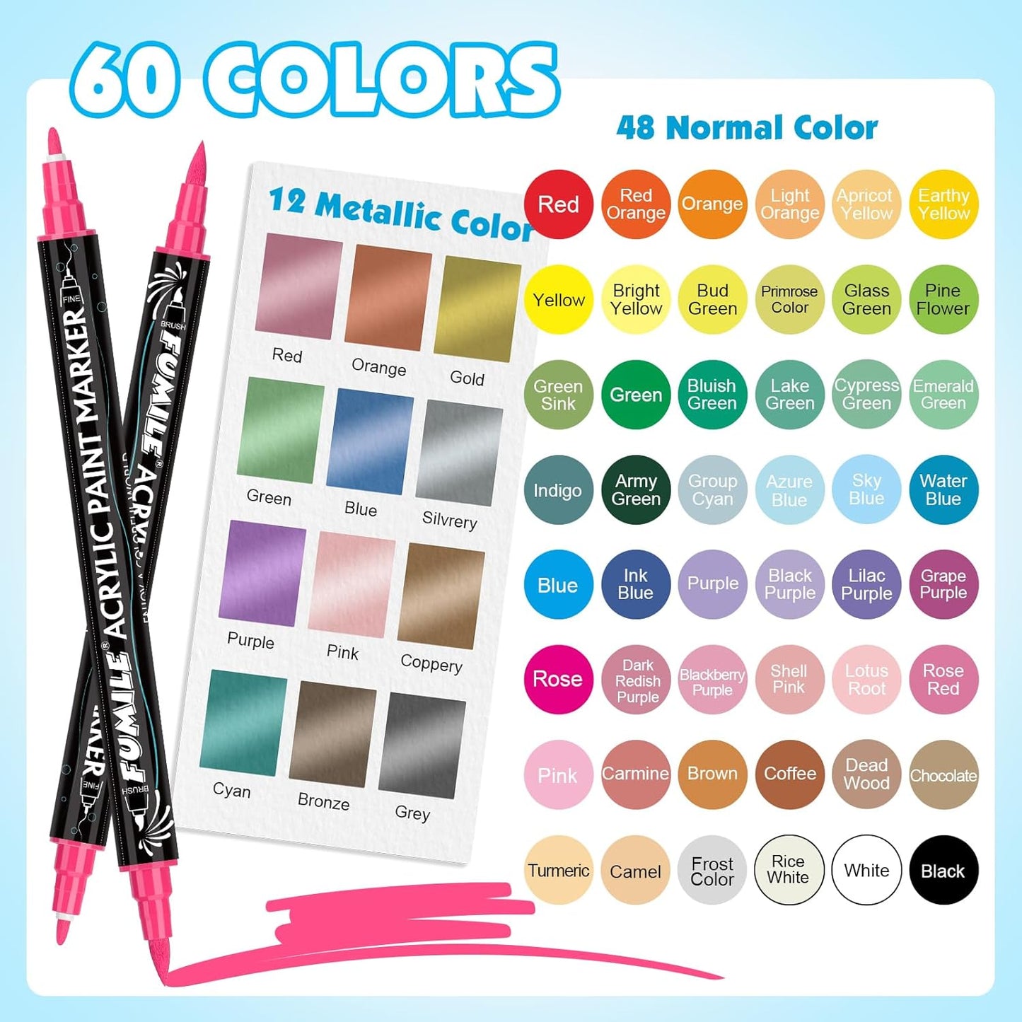 FUMILE 60 Colors Acrylic Paint Markers Dual Tip(Fine and Brush Tip), Acrylic Paint Pens paint Marker for Wood, Rock, Plastic, Glass, Ceramic, Canvas.Acrylic Markers Set for Art.