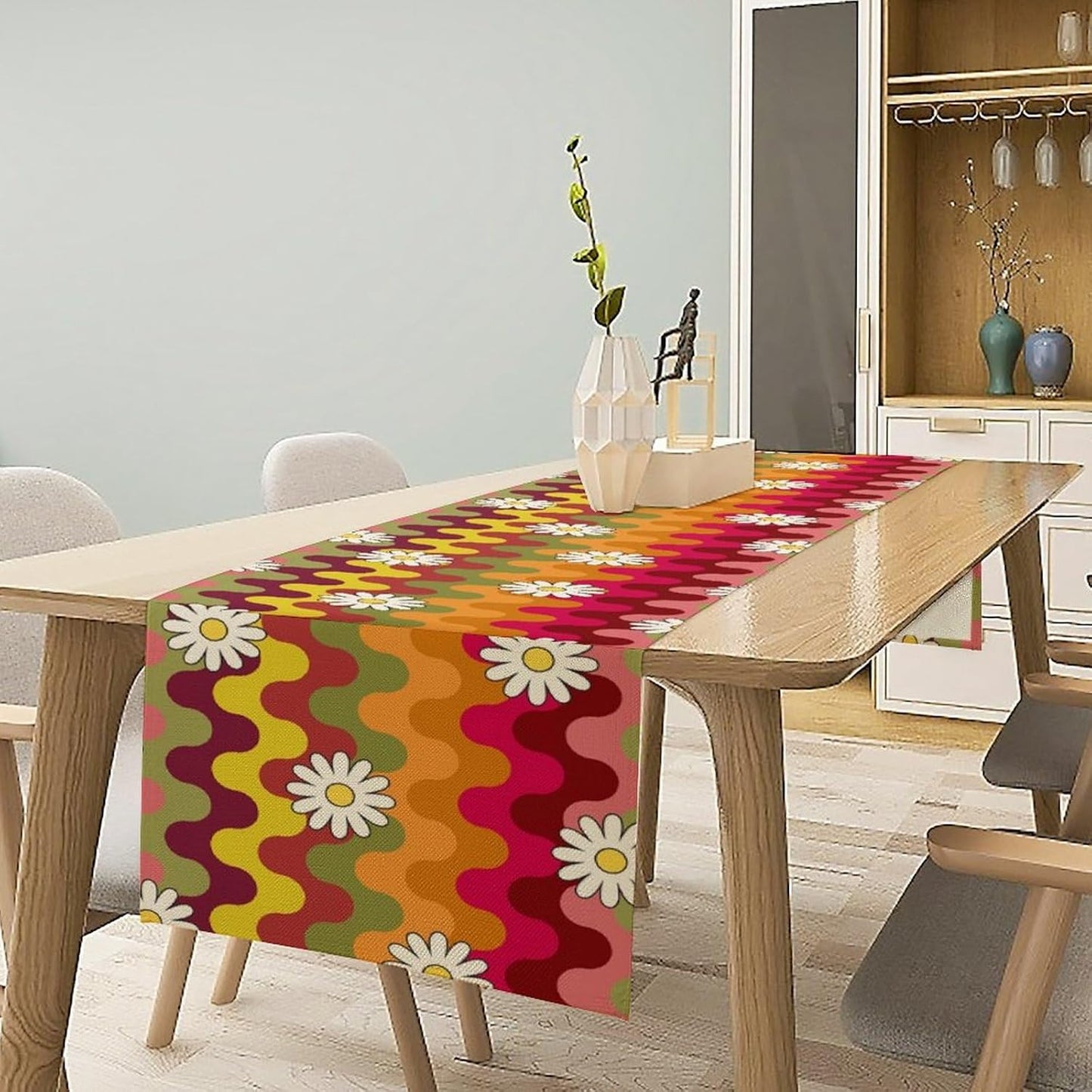 Vintage Floral Table Runner,60s 70s Colorful Retro Abstract Hippie Print Table Runner for Kitchen Dining Table Home Party Decoration 13x108 Inch