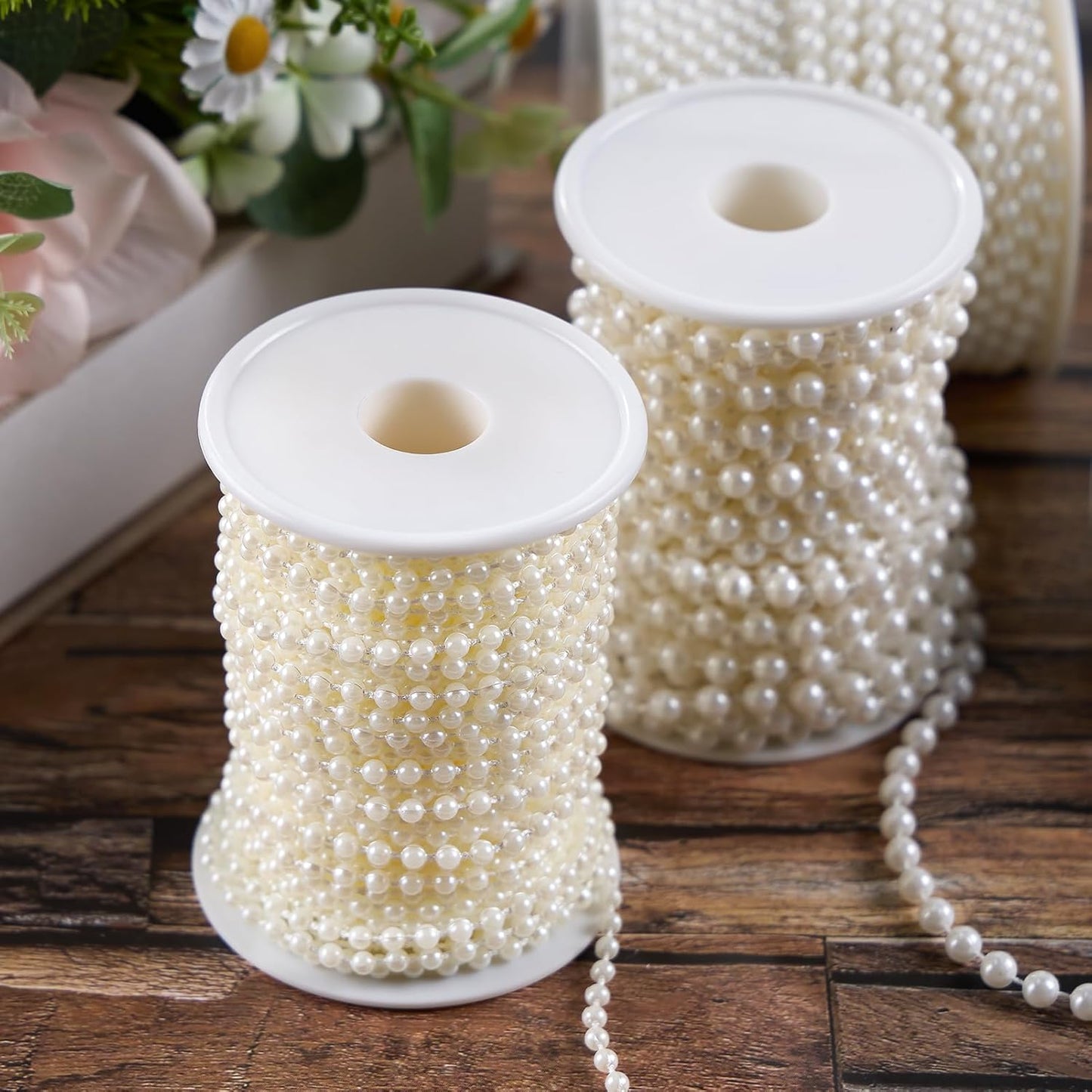 4mm Faux Pearl Beads String Garland Pearls for Crafting Bead Roll Strand for Wedding Party Christmas Tree Decorations, 66 Feet, Ivory