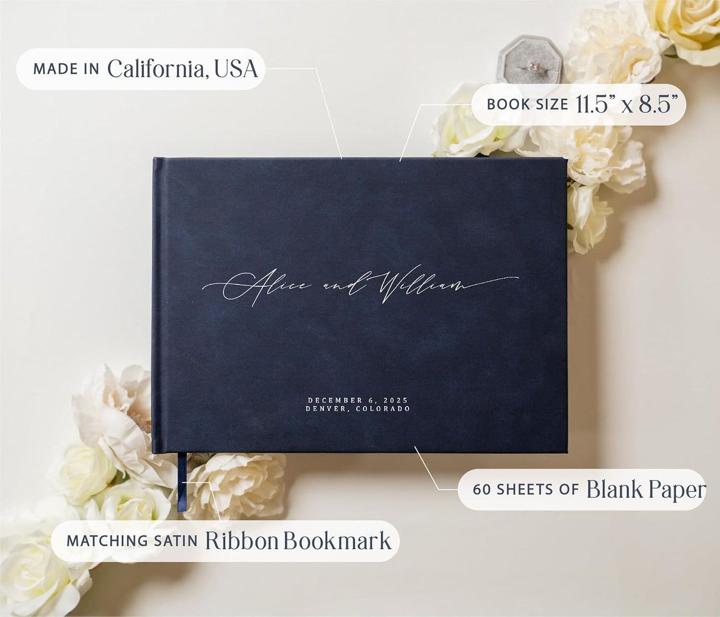 MUUJEE Personalized Guestbook in Navy - Premium Custom Modern Guest Book for Wedding Reception, Birthday Party or Events w/Bookmark Blank Pages for Signing 11.5 x 8.5 inches