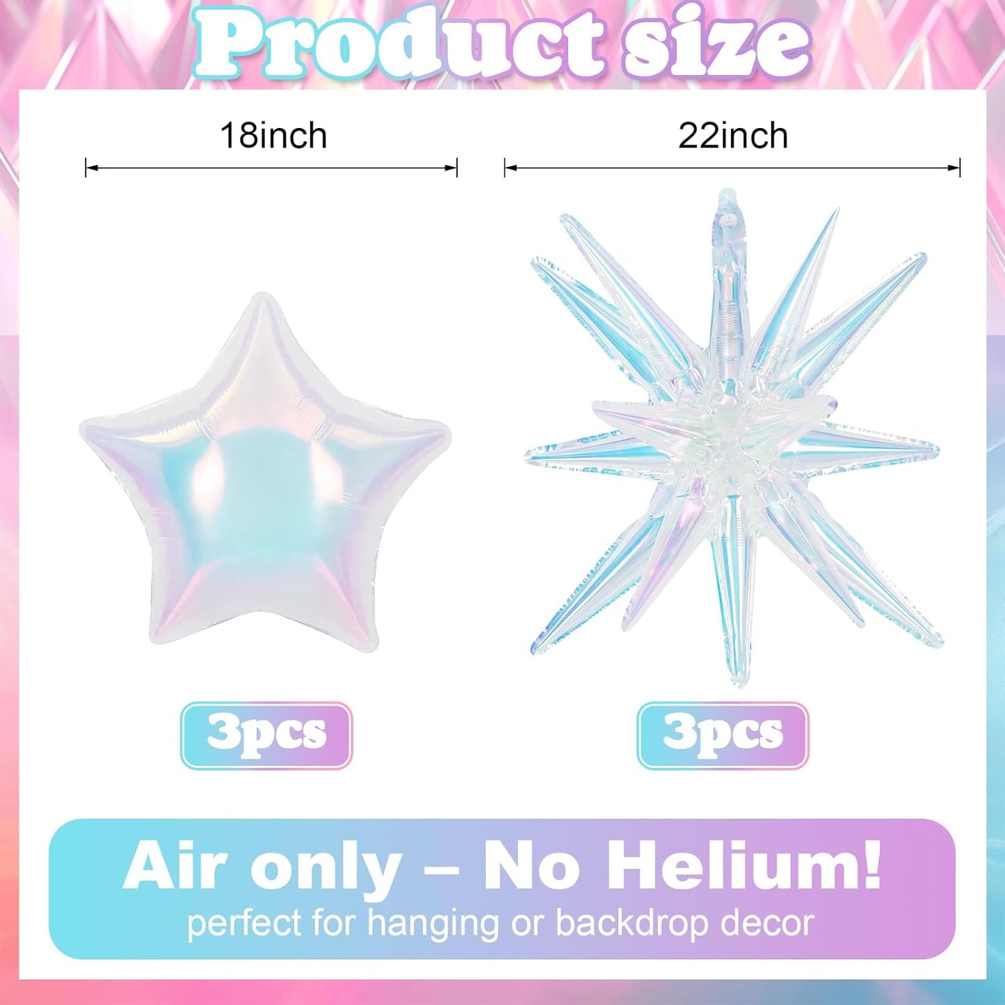 6Pcs Iridescent Foil Balloons, 22" 18" Star Iridescent Balloons Large Holographic Spike Cone Clear Foil Balloon for Birthday Baby Shower Mermaid Rainbow Wedding Party Decorations