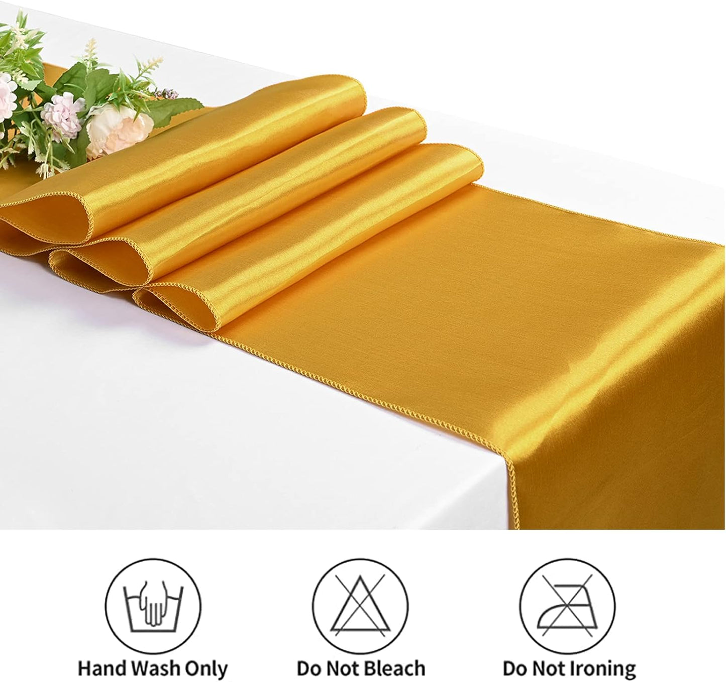 12 Pack Gold Satin Table Runner,12 x 108 inch Long Premium Smooth Table Runner for Wedding, Banquets, Birthday, Party, Graduation, Engagements, Table Runners fit Rectangle and Round Table