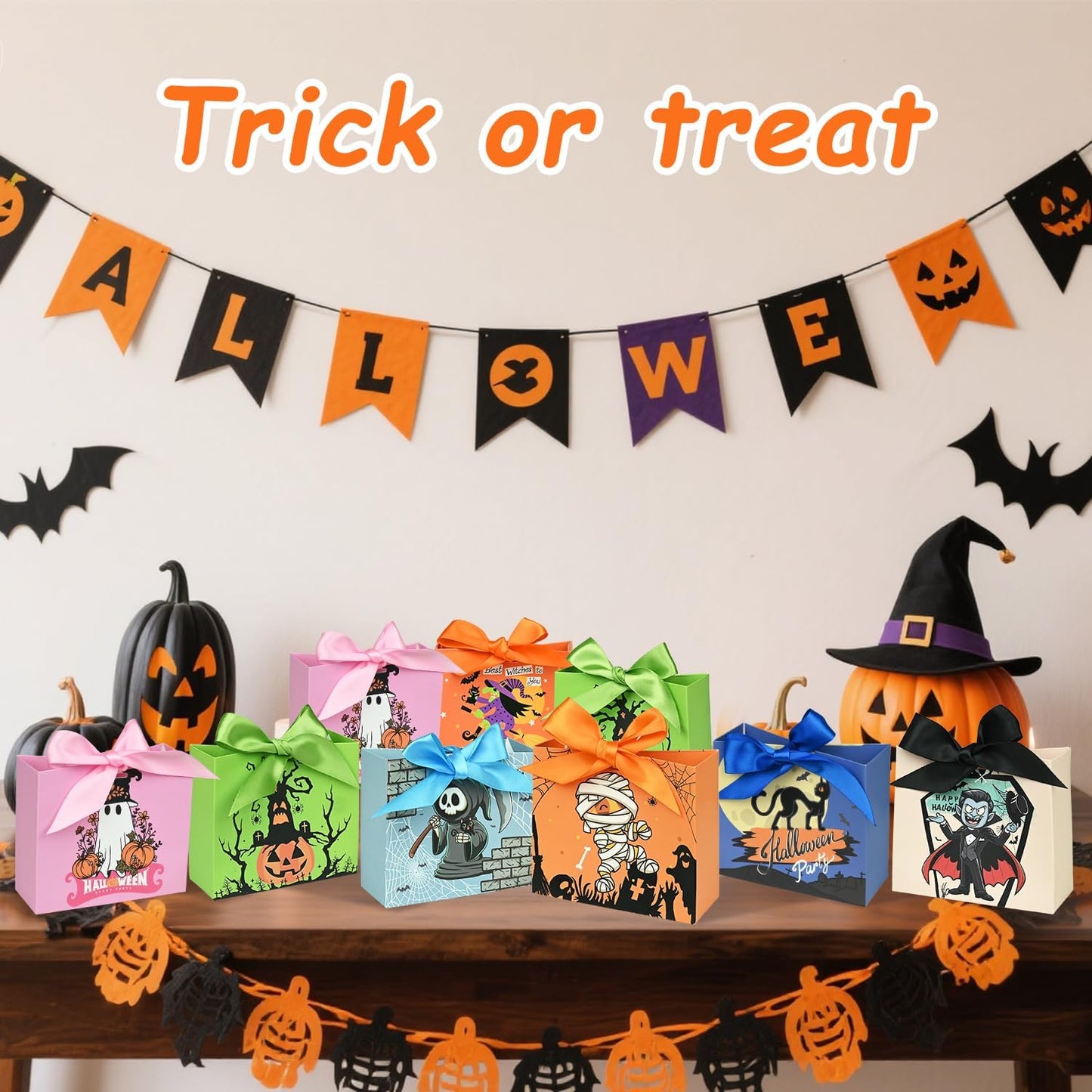 24PCS Halloween Goodies Bags, Trick or Treat Candy Gift Paper Bags Bulk with Ribbons, Halloween Treat Boxes for Kid, Party Favor, Classroom Exchange, Home Decoration 4.5 x 3.9 x 1.7 Inches