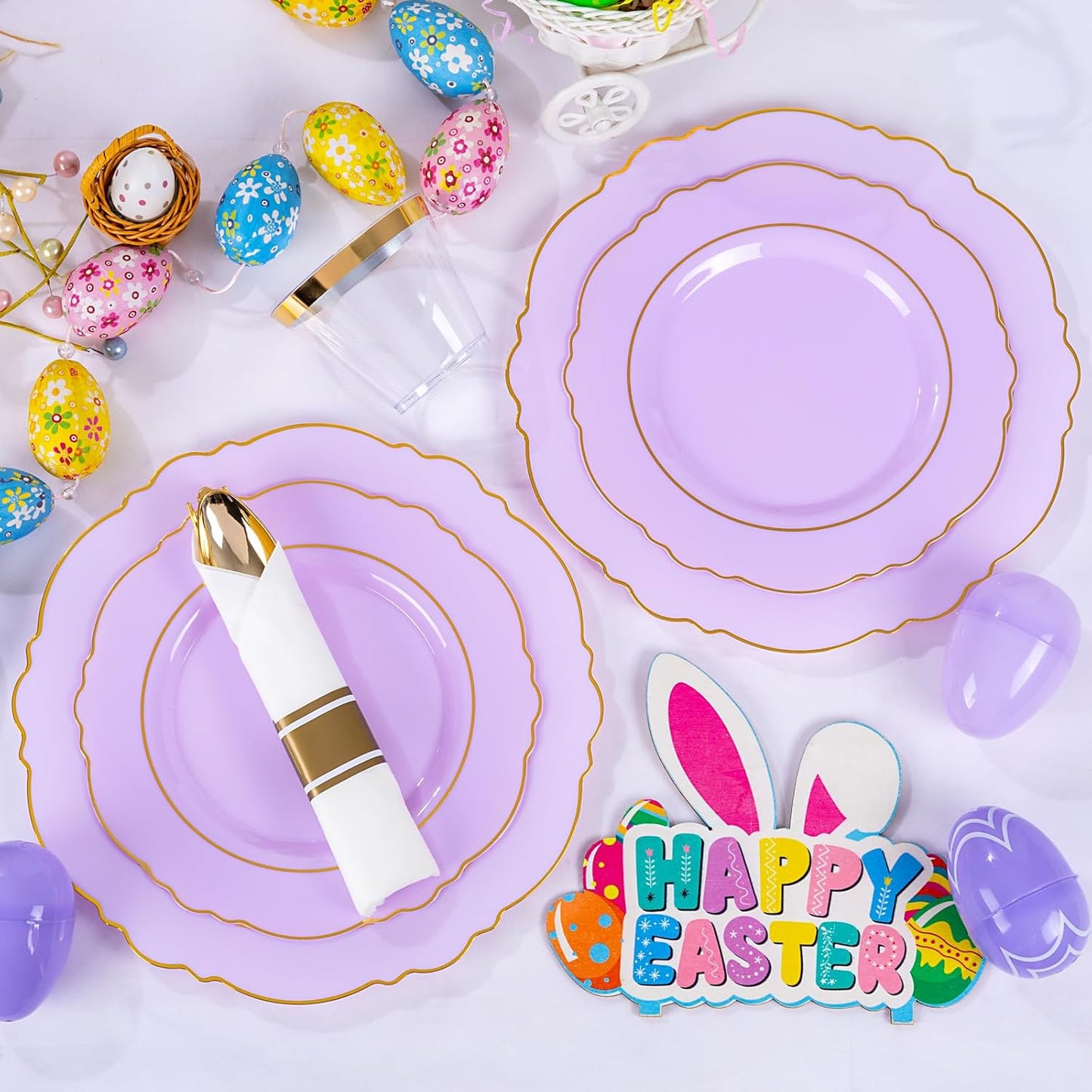 Liacere 350PCS Purple Plastic Plates - Disposable Light Purple and Gold Plates 50guest Baroque Plastic Dinnerware include 100Plates, 50Pack Pre Rolled Napkins with Silverware 50Cups for Mother's Day