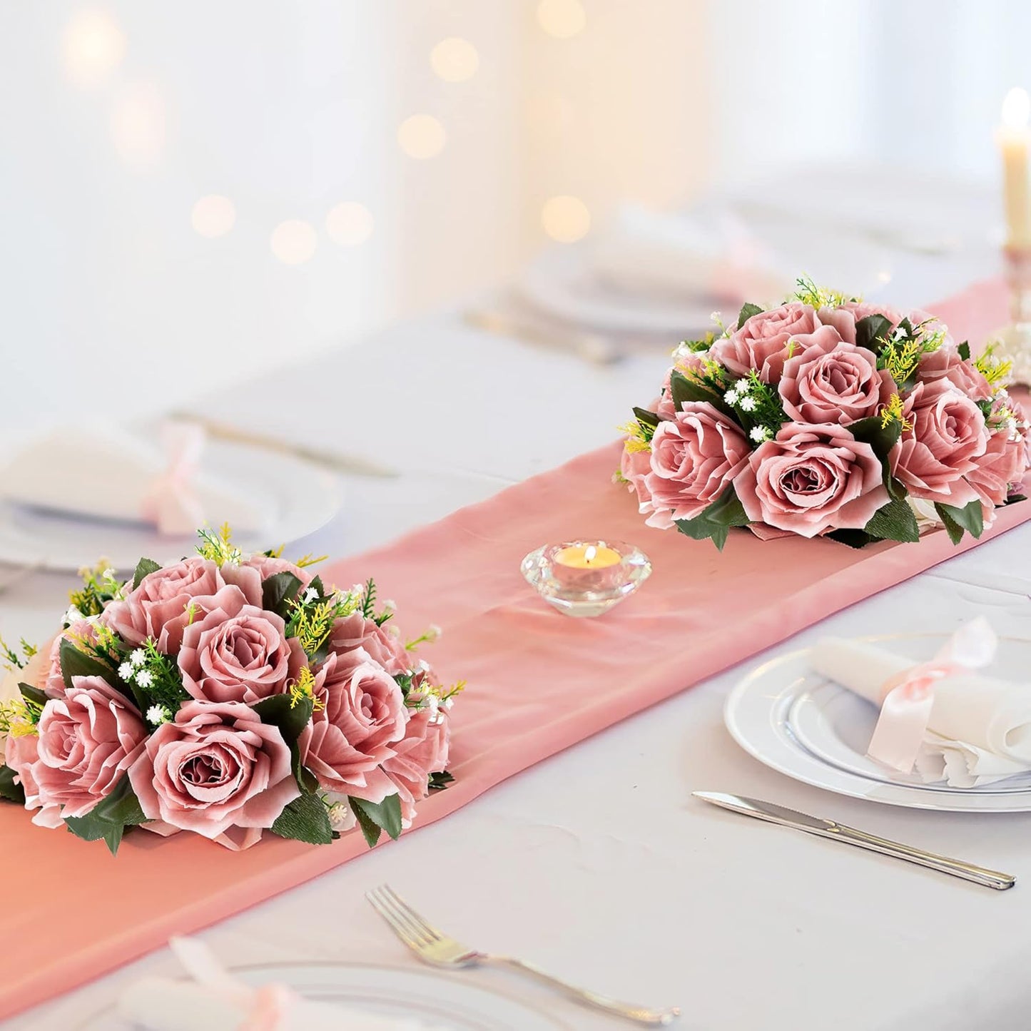 BLOSMON Dusty Pink Flowers Decoration: 6 Pcs Artificial Roses Flowers Balls for Wedding Dinning Table Centerpieces - Fake Silk Kissing Floral Arrangement for Home Party Event