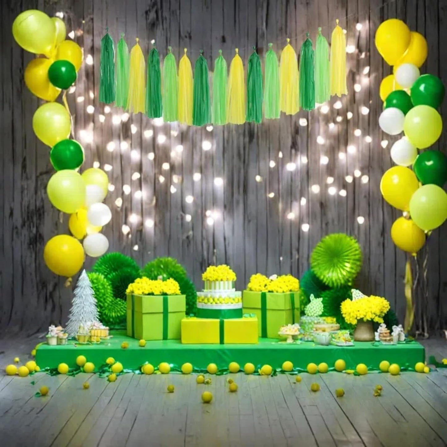 Green Light Green and Yellow Tassel Garland Banner Paper Tassels for Party Decorations,Pack of 15
