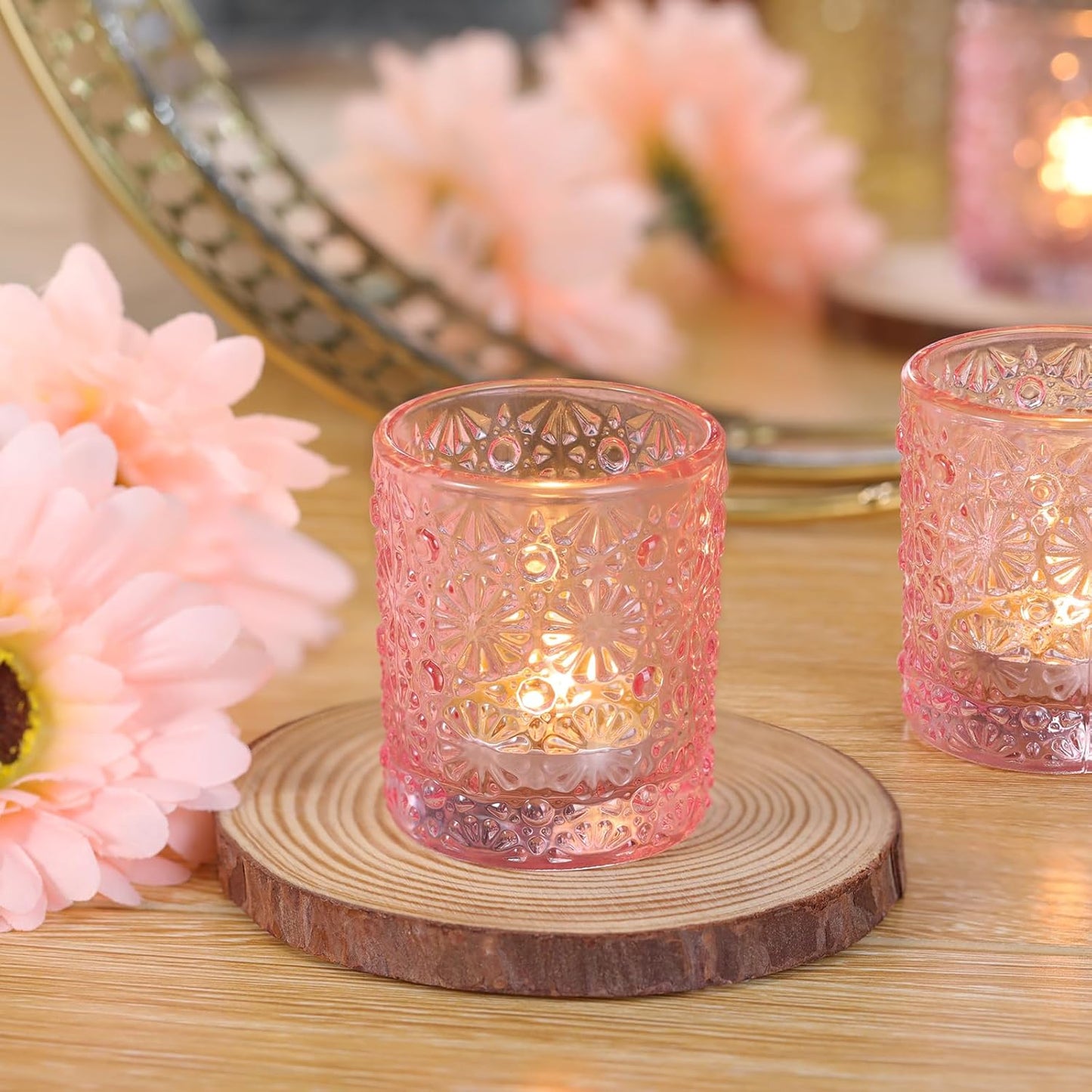 Pink Votive Candle Holder Set of 36, Flower Tea Lights Candles Holders for Wedding Table Centerpieces, Birthday Parties, Anniversary, Pink Bridal Shower and Holiday Decorations
