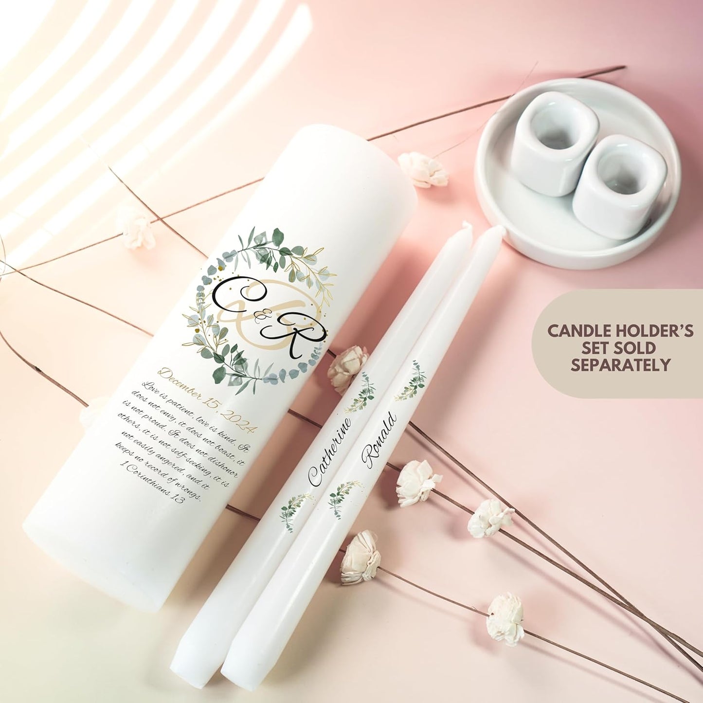 Unity Candles for Wedding, Modern Unity Set, Custom and Personalized Pillar and Taper Candles with Bible Quote, Unscented White Premium Wax, Religious and Wedding Ceremony, Special Events (Zinnia)