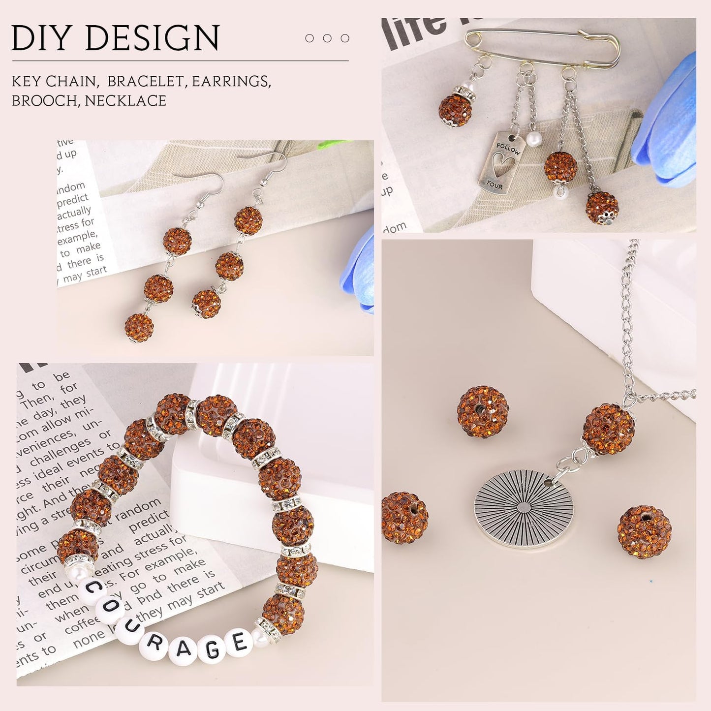 150 pcs 10mm Rhinestone Beads for Jewelry Making, Brown Shiny Round Shamballa Disco Beads Bulk, Sparkle Crystal Clay Christmas for Bracelet Baseball Necklace Earring Crafting and DIY