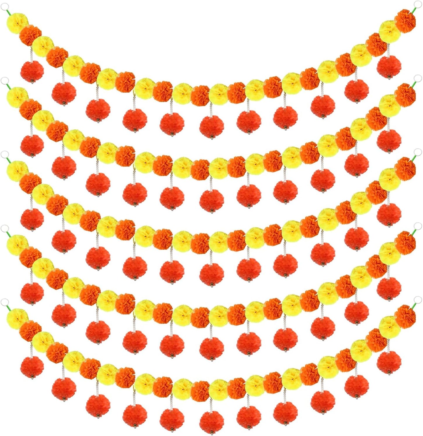 5 Pcs Diwali Artificial Marigold Garland with Pearls Decor, 4.5 Feet Artificial Marigold Flowers for Indian Pooja Diwali Home Mantle Decor Long Strands for All Year Decoration (Yellow＆Orange&Red)