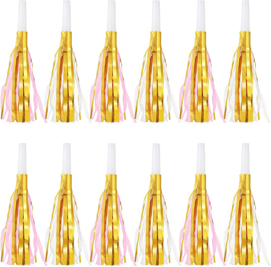 24 Pieces Gold Noise Makers Glitter Metallic Fringed Party Blowers Pink Musical Blowouts Whistle Adults Blower Horns for Birthday Baby Shower New Year Eve Party Favor Supplies Decoration