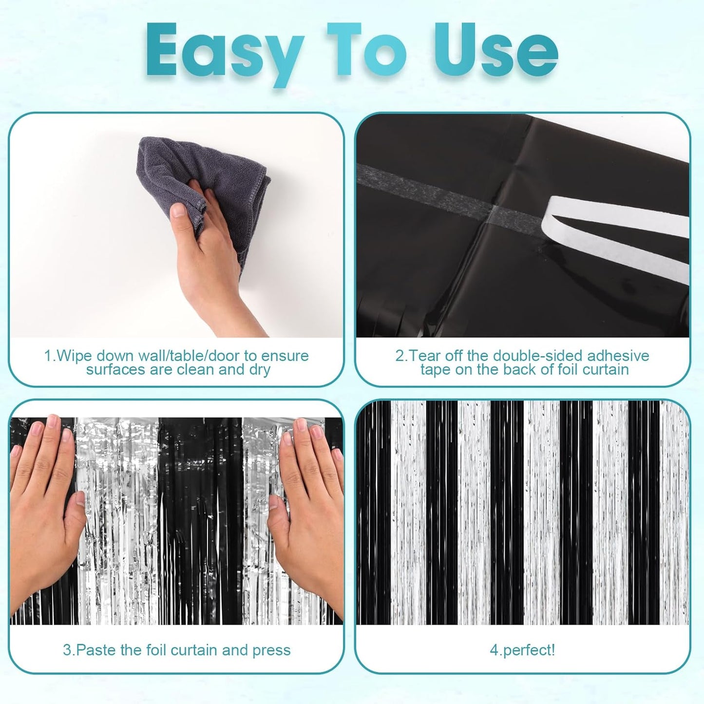 2 Pack Black and Silver Tinsel Foil Fringe Curtains, Black White Party Decorations, Metallic Tinsel Party Streamers Backdrop for New Years Birthday Christmas Graduation Decorations