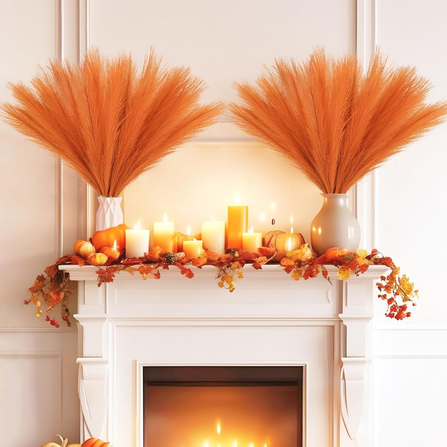 50pcs Burnt Orange Faux Pampas Grass Decor, 21.6" Short Artificial Fall Pompous Grass Floral Fake Orange Pompas Grass Branches Vase Filler Flower Arrangement for Home Wedding Fall Decor