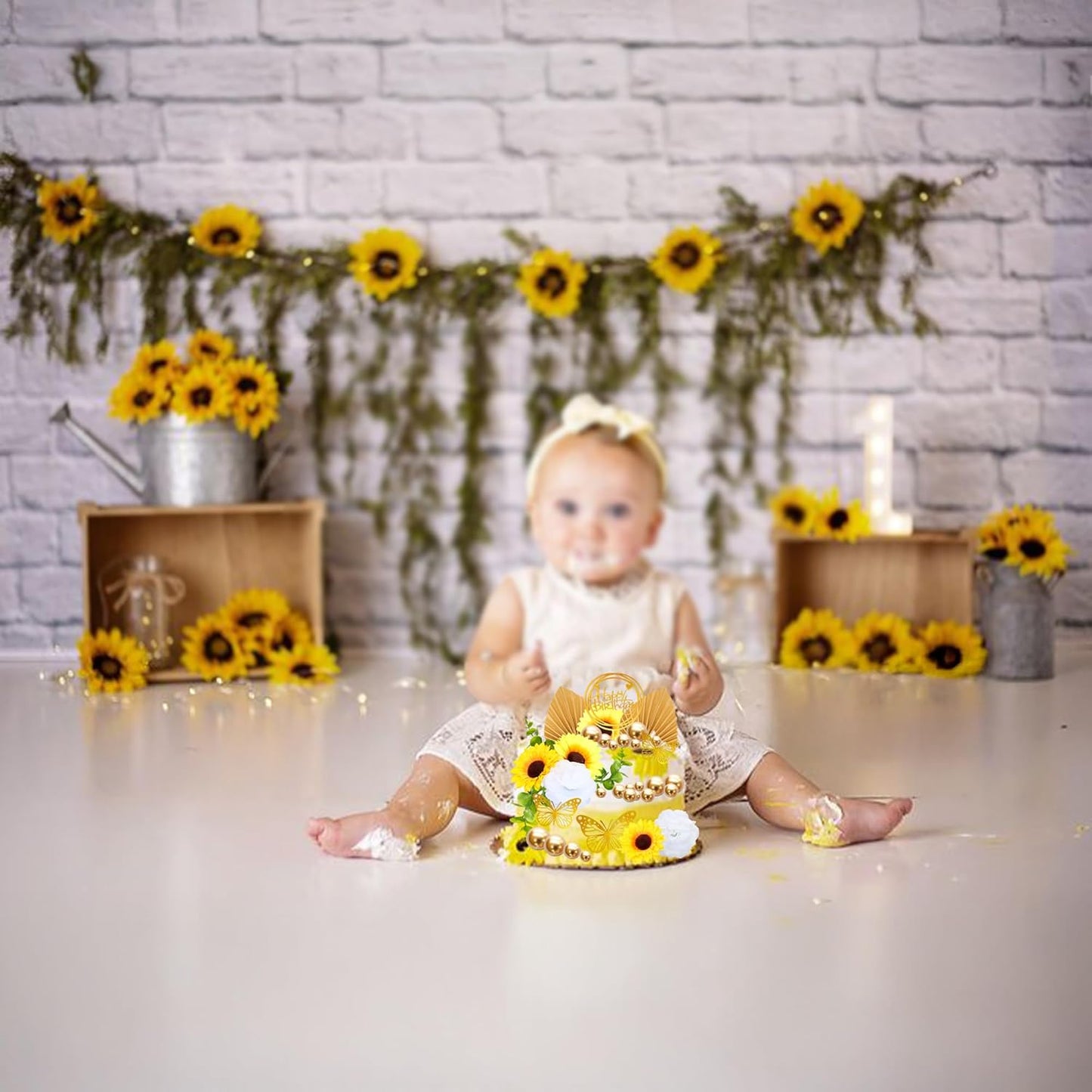 Gyufise 54Pcs Artificial Sunflower Cake Decorations Acrylic Happy Birthday Cake Topper Butterfly Balloon Cake Toppers for DIY Wedding Birthday Valentine's Day Party Supplies Yellow