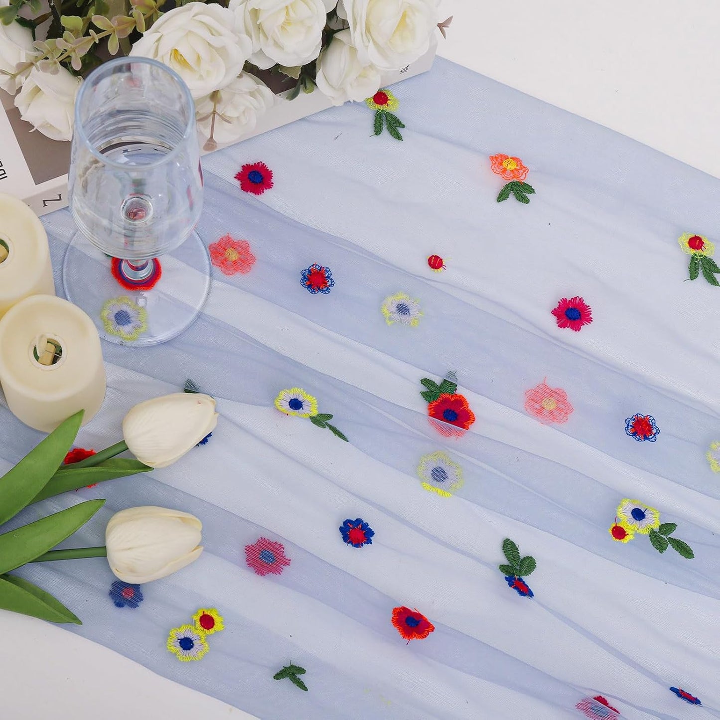 BINBE 12pcs Daisy Fall Table Runner Embroidery Gauze 10FT Florals Seasonal Tulle Holiday Birthday Kitchen Dining Table Decor for Home Party Blue