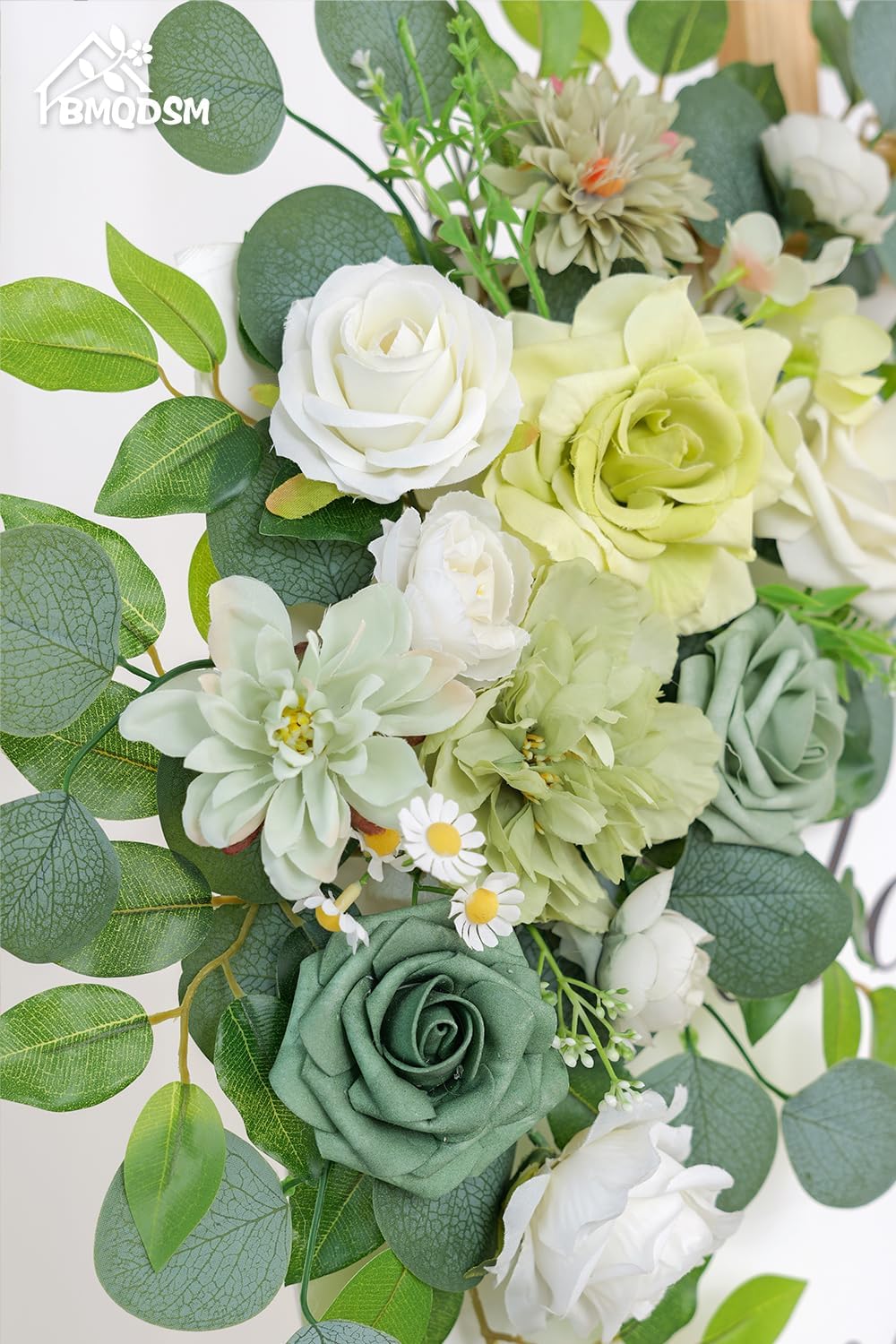 Pack of 2 Artificial Flowers for Backdrop Decoration, Wedding Arch Flowers,Reception Welcome Sign, Eucalyptus Garland, Suited to Aisle Decor and Wedding Arches（White Green）