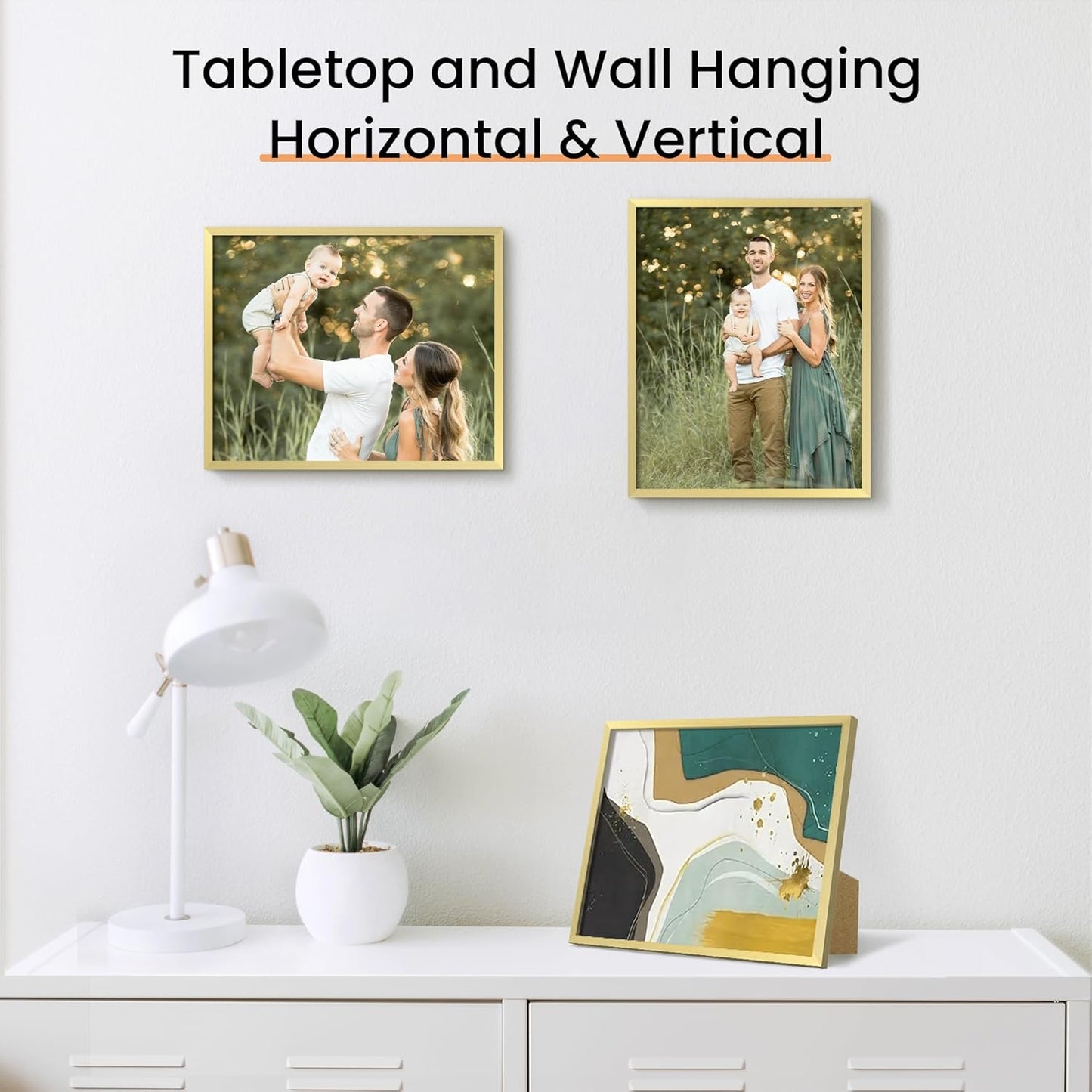 upsimples 8x10 Picture Frame Set of 3, Made of High Definition Glass for 8 x 10, Wall and Tabletop Display Thin Border Photo Frames for Home Decor, Gold