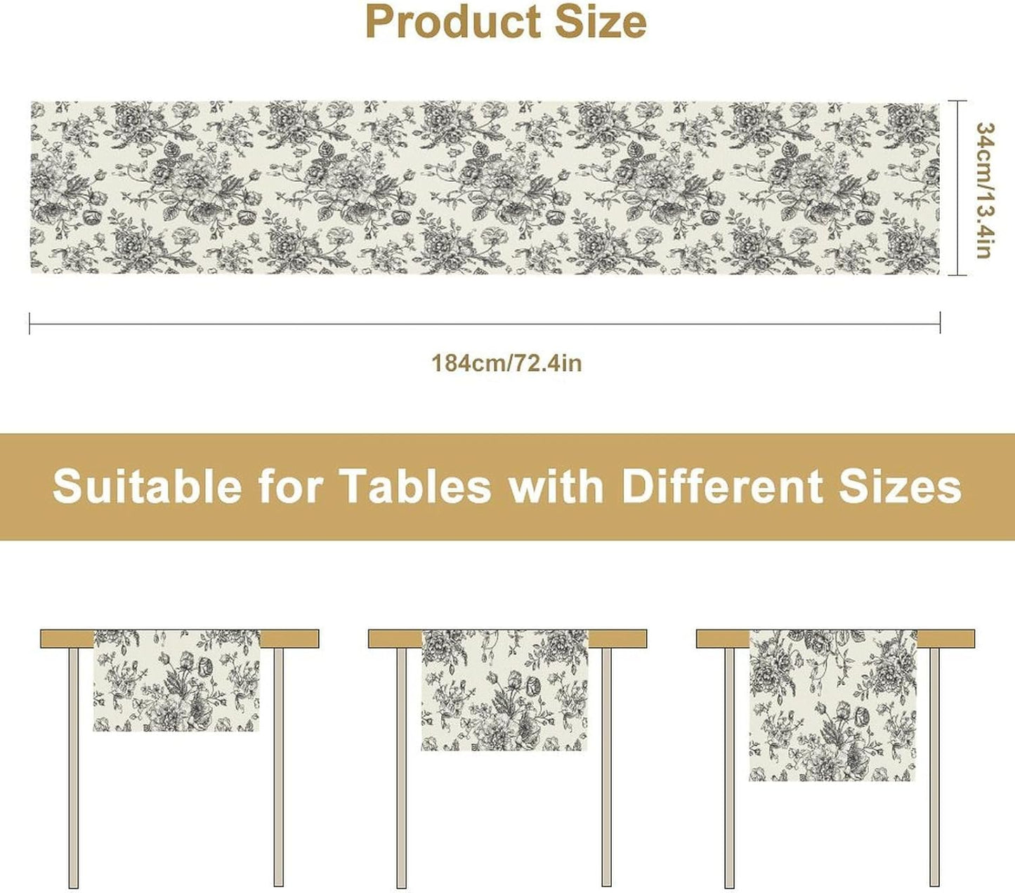 Vintage Flower Table Runner, Black White Wildfloral Floral Sketch Print Kitchen Dinning Table Runner for Indoor Outdoor Home Wedding Party Holiday, 13x70 Inch