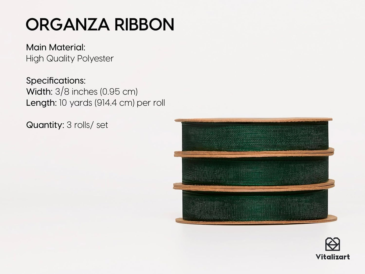 Vitalizart 3/8" x 30Yd Organza Ribbon Christmas Green Sheer Ribbons Set 10 Yd x 3 Rolls Handmade Eco-Friendly for Gift Wrapping Christmas Tree Crafts Bows Wedding Invitations Wreaths Wrap