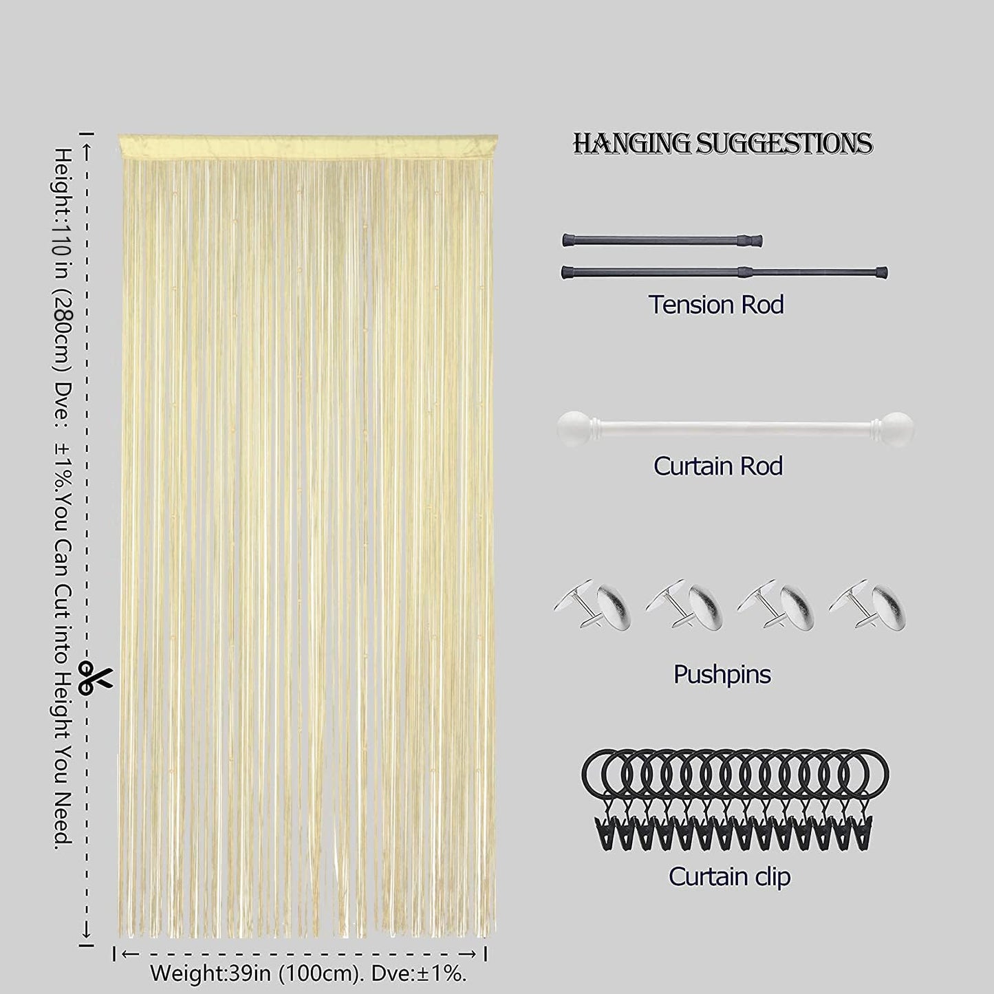 Beaded Doorway Curtain Door Beads Dense String Curtains Fringe Hippie Perfect for Wall Hanging Decor Room Divider Privacy Doors Window Closet Doorways Decorations (100x280cm,Champagne)