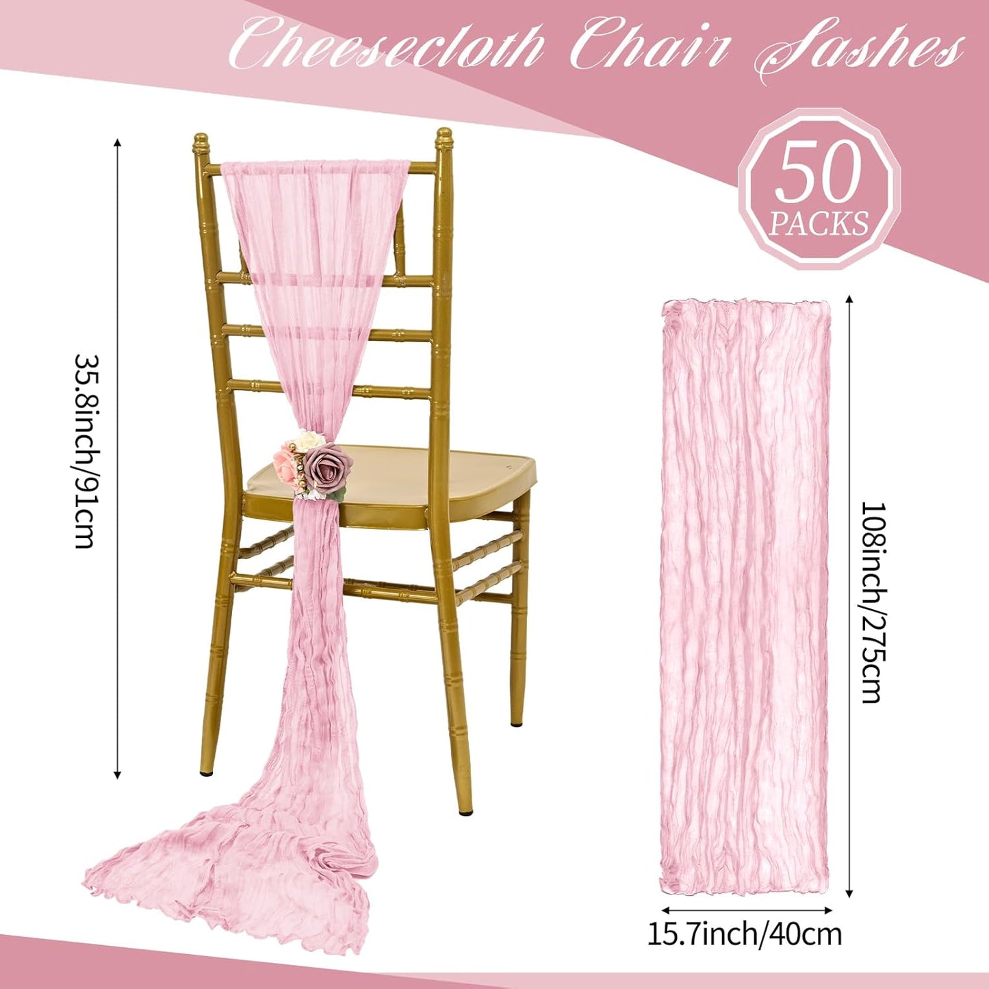 50 PCS Cheesecloth Chair Sashes, Bows Designed ChairSashes, 15.7x108 inch Chair Sashes for Aisle Decorations Universal Chairs Cover Decoration for Wedding Reception Party Banquet (Light Pink)
