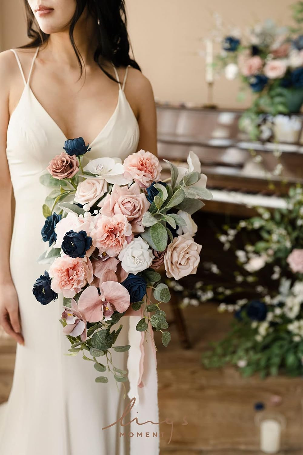 Ling's moment Dusty Rose Navy Blue Bridal Bouquet Cascading, Pink and Blue Wedding Bouquets for Bride, 15 Inch Silk Artificial Wedding Flower Bouquet