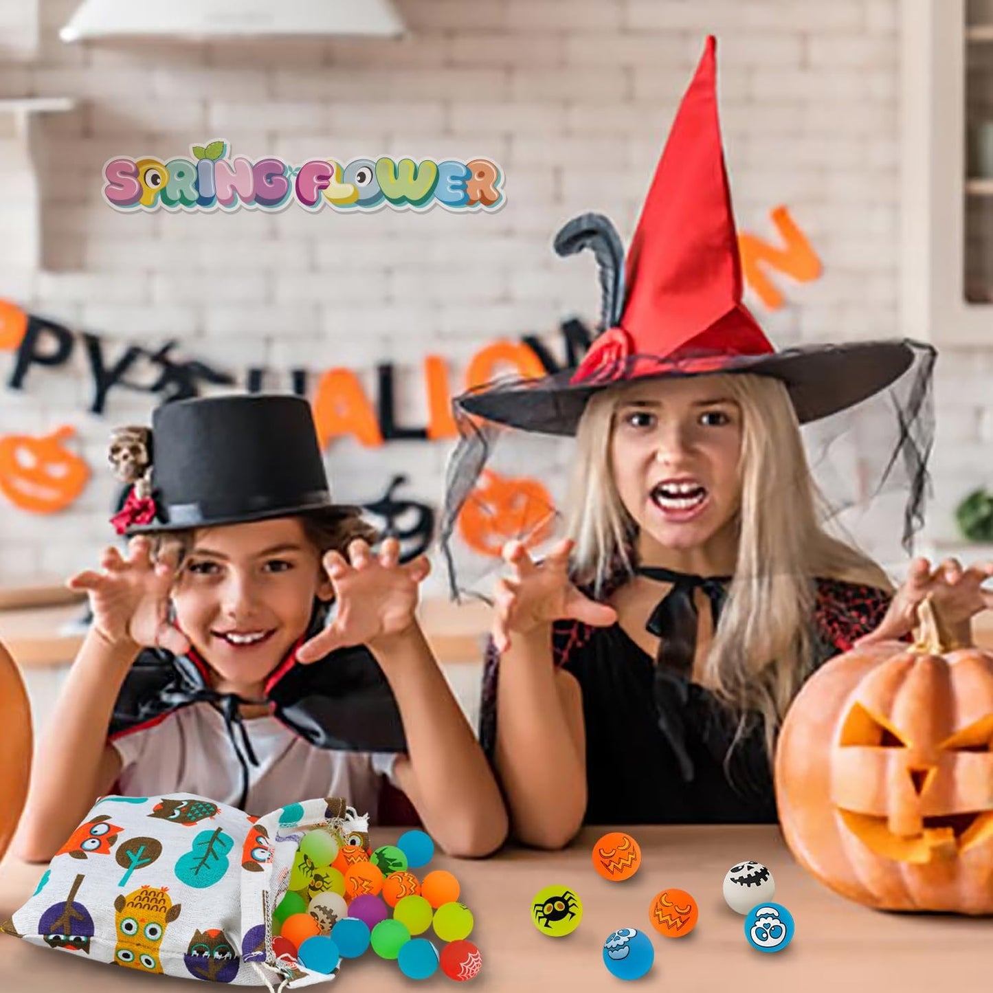 SpringFlower 100 Pcs Glow in The Dark Bouncing Balls,Halloween Party Favors Supplies, Trick or Treating Goodie Bag Filler，School Classroom Game Rewards, 10 Assorted Halloween Theme Designs