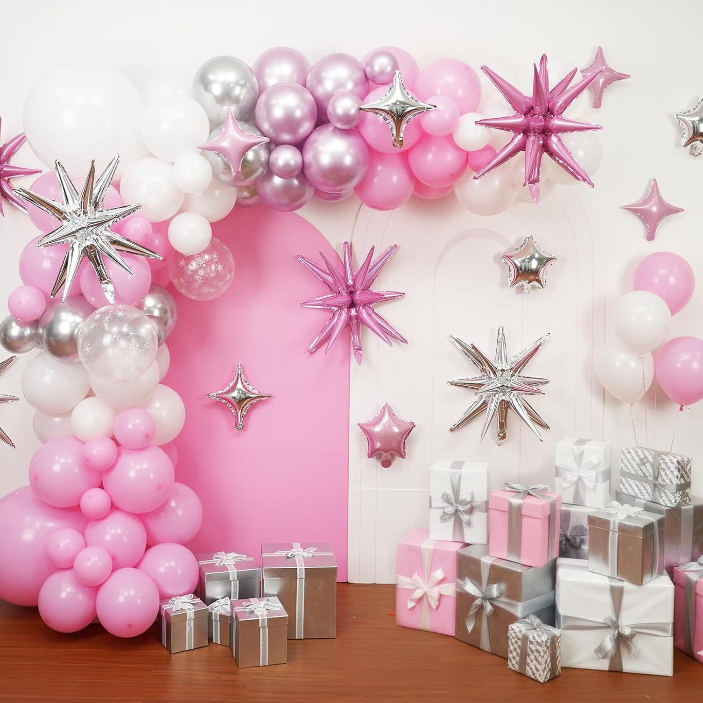 Pink Silver Star Balloon,16Pcs Star Foil Balloons Set with 22Inch Explosion Spike Cone Balloons and 10Inch Quadrangle Helium Balloon for Birthday Wedding Baby Shower Party Decorations